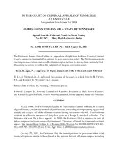 IN THE COURT OF CRIMINAL APPEALS OF TENNESSEE AT KNOXVILLE Assigned on Briefs June 24, 2014 JAMES GLENN COLLINS, JR. v. STATE OF TENNESSEE Appeal from the Criminal Court for Knox County No[removed]