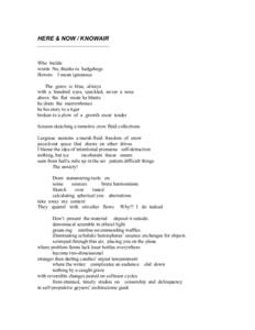 HERE & NOW / KNOWAIR ------------------------------------------Who builds words No, thanks in hedgehogs flowers I mean ignorance The grave is blue, always with a hundred eyes, speckled, never a nose