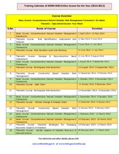 Training Calendar of NIDM-WBI Online Course for the Year[removed]Course Duration Basic Course- Comprehensive Natural Disaster Risk Management Framework- Six Week Thematic / Specialized Course- Four Week