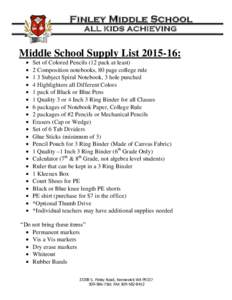 Finley Middle School ALL KIDS ACHIEVING Middle School Supply List:  