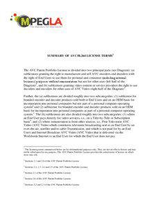 SUMMARY OF AVC/H.264 LICENSE TERMS1  The AVC Patent Portfolio License is divided into two principal parts (see Diagram): (a)