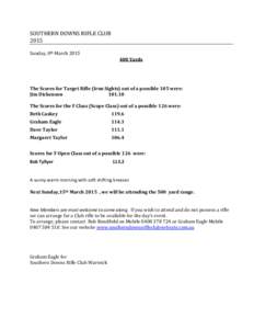 SOUTHERN DOWNS RIFLE CLUB 2015 Sunday, 8th March[removed]Yards  The Scores for Target Rifle (Iron Sights) out of a possible 105 were: