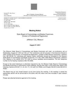 Meeting Notice State Board of Cosmetology and Barber Examiners Division of Professional Registration Jefferson City, Missouri August 27, 2014