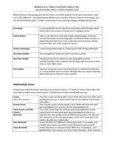 BROKEN HILL FAMILY HISTORY GROUP INC. UNDERSTANDING FAMILY HISTORY TERMINOLOGIES While the terms Genealogy and Family History are often used with the same expression, they are in fact different. The tables below defines 