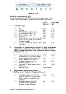 TABLE OF FEES WITH EFFECT FROM 4 JANUARY 2011 All charges are inclusive of VAT (20%). Additional postal charges will be added to all overseas orders. A receipt will be issued for all transactions.  1