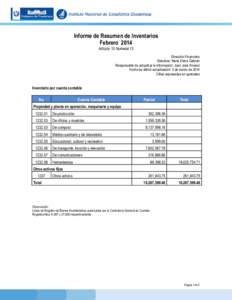 Informe de Resumen de Inventarios Febrero 2014 Artículo 10 Numeral 13 Dirección Financiera Directora: Maria Elena Galindo Responsable de actualizar la información: Juan José Alvarez