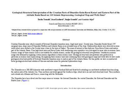 Geological-Structural Interpretation of the Croatian Parts of Dinarides Knin-Ravni Kotari and Eastern Part of the Adriatic Basin Based on 2-D Seismic Reprocessing, Geological Map and Wells Data, #[removed])