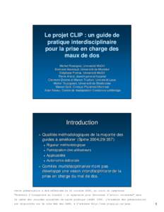 Le projet CLIP : un guide de pratique interdisciplinaire pour la prise en charge des maux de dos Michel Rossignol, Rossignol, Université McGill