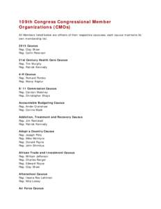 109th Congress Congressional Member Organizations (CMOs) All Members listed below are officers of their respective caucuses; each caucus maintains its own membership list[removed]Caucus Rep. Clay Shaw
