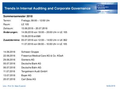 Trends in Internal Auditing and Corporate Governance Sommersemester 2018 Termin: Freitags, 08:00 – 12:00 Uhr