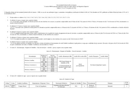 Universidade Federal do Rio de Janeiro Concurso Público para provimento de vagas em cargos efetivos de Magistério Superior Edital no 15, de 13 de janeiro de 2014 O Magnífico Reitor da Universidade Federal do Rio de Ja