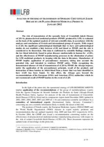 ²  ANALYSIS OF THE RISK OF TRANSMISSION OF SPORADIC CREUTZFELDT JAKOB DISEASE BY LFB PLASMA-DERIVED MEDICINAL PRODUCTS JANUARY 2012 Abstract