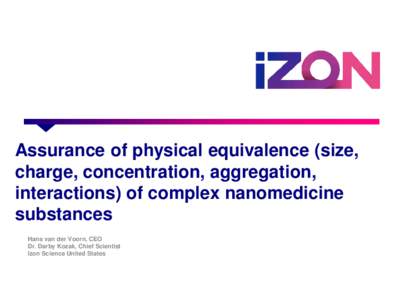 Assurance of physical equivalence (size, charge, concentration, aggregation, interactions) of complex nanomedicine substances Hans van der Voorn, CEO Dr. Darby Kozak, Chief Scientist