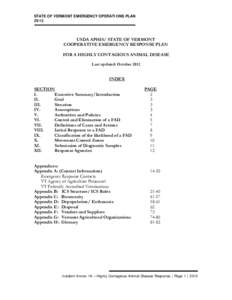 STATE OF VERMONT EMERGENCY OPERATIONS PLAN 2013 USDA APHIS/ STATE OF VERMONT COOPERATIVE EMERGENCY RESPONSE PLAN FOR A HIGHLY CONTAGIOUS ANIMAL DISEASE