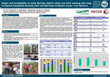 Impact and acceptability of using Moringa oleifera seeds and hand washing with soap to improve household drinking water and diarrhoea incidence in poor rural Tanzania )UDQN&0QJ¶RQJ¶R1,2 Adam Biran1 Jane Bruce1 Jeroe