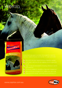 Veteran  A premium extruded cool feed, formulated to meet the specific needs of horses and ponies 15 years and older. 	 Rice and rice bran based minimise digestive upsets 	 Low starch and low GI help stabilise blood suga