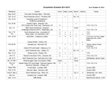 Competition Schedule  *as of October 19, 2014 Weekend