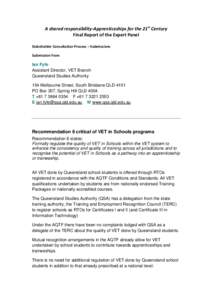 A shared responsibility-Apprenticeships for the 21st Century Final Report of the Expert Panel Stakeholder Consultation Process – Submissions Submission from  Ian Fyfe