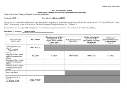 For Main Board listed issuers  Next Day Disclosure Return (Equity issuer - changes in issued share capital and/or share buybacks) Name of listed issuer: Solomon Systech (International) Limited Stock code: 2878