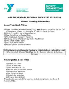 ABC ELEMENTARY PROGRAM BOOK LISTTheme: Growing UPstanders Asset Year Book Titles 1) Have You Filled a Bucket Today?(K-4) and Growing Up with a Bucket Full of Happiness (Need 1-2 books for 5th-8th) by Carol McC