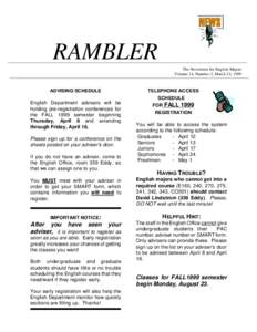 RAMBLER The Newsletter for English Majors Volume 14, Number 2, March 24, 1999 ADVISING SCHEDULE