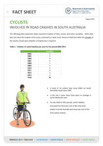 FACT SHEET August 2014 CYCLISTS INVOLVED IN ROAD CRASHES IN SOUTH AUSTRALIA The following data represents police reported incidents of fatal, serious and minor casualties. Police data