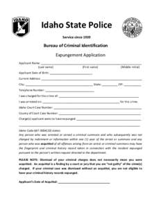 Idaho State Police Service since 1939 Bureau of Criminal Identification Expungement Application Applicant Name: ________________________________________________________________