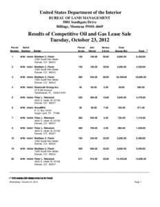 United States Department of the Interior BUREAU OF LAND MANAGEMENT 5001 Southgate Drive Billings, Montana[removed]Results of Competitive Oil and Gas Lease Sale