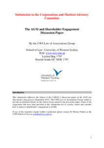 Submission to the Corporations and Markets Advisory Committee The AGM and Shareholder Engagement Discussion Paper