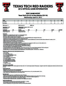 TEXAS TECH RED RAIDERS 2012 OFFICIAL GAME INFORMATION POST-GAME NOTES Texas Tech[removed]at New Mexico[removed]Wednesday, April 25, 2012 FINAL