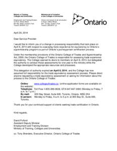 Letter from David Fulford - College of Trades and Trade Equivalency Assessments for Certification