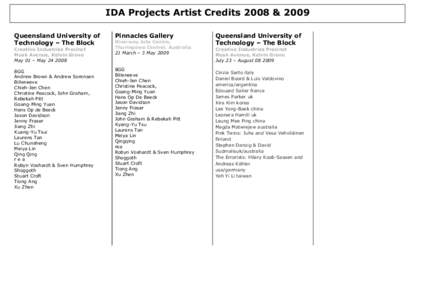 IDA Projects Artist Credits 2008 & 2009 Queensland University of Technology – The Block Creative Industries Precinct Musk Avenue, Kelvin Grove May 01 – May