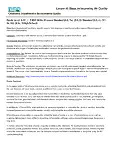 Lesson 6: Steps to Improving Air Quality  Grade Level: 6-12 | PASS Skills: Process Standard (4:6, 7a), (5:4, 5)/ Standard (1:1, 4), (5:1, 3a, 3b), (4:1c, 2 High School) Objectives: Students will be able to identify ways 