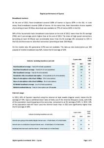 Digital performance of Cyprus Broadband markets At the end of 2013, fixed broadband covered 100% of homes in Cyprus (97% in the EU). In rural areas, fixed broadband covered 100% of homes. At the same time, Next Generatio