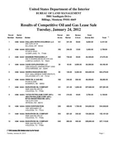 United States Department of the Interior BUREAU OF LAND MANAGEMENT 5001 Southgate Drive Billings, Montana[removed]Results of Competitive Oil and Gas Lease Sale