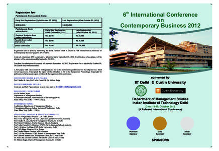 th  Registration fee: Participants from outside India: Early Bird Registration (Upto October 05, 2012)