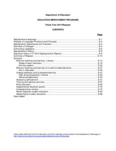 Department of Education EDUCATION IMPROVEMENT PROGRAMS Fiscal Year 2014 Request CONTENTS Page Appropriations language ......................................................................................................