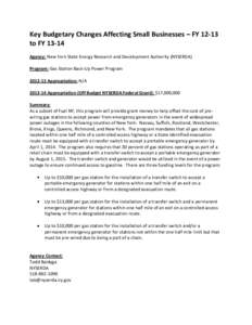 Key Budgetary Changes Affecting Small Businesses – FY[removed]to FY[removed]Agency: New York State Energy Research and Development Authority (NYSERDA) Program: Gas Station Back-Up Power Program[removed]Appropriation: N/A 2