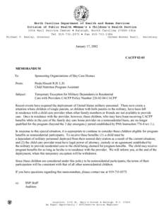 North Carolina Department of Health and Human Services Division of Public Health •Women’s & Children’s Health Section 1914 Mail Service Center • Raleigh, North Carolina[removed]Tel[removed] • Fax[removed]