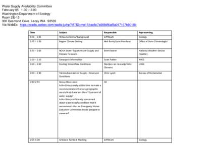 Water Supply Availability Committee February 05 1:30 – 3:00 Washington Department of Ecology Room 2EDesmond Drive Lacey WAVia WebEx: https://wadis.webex.com/wadis/j.php?MTID=me151ae8c7a988df6af5a017167b8