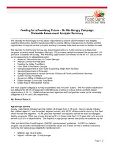 Feeding for a Promising Future – No Kid Hungry Campaign Statewide Assessment Analysis Summary The Georgia No Kid Hungry Survey asked respondents to provide vital information and insights regarding the barriers faced by