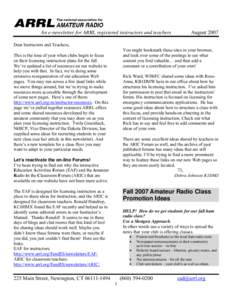 An e-newsletter for ARRL registered instructors and teachers  August 2007 Dear Instructors and Teachers, You might bookmark these sites in your browser,