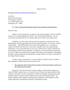 March 28, 2014 By email to [removed] Lori Parris Deputy General Counsel D.C. Housing Authority 1133 North Capitol St. NE