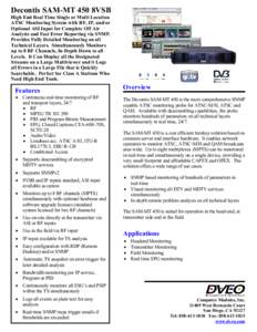 Decontis SAM-MT 450 8VSB High End Real Time Single or Multi Location ATSC Monitoring System with RF, IP, and/or Optional ASI Input for Complete Off Air Analysis and Fast Error Reporting via SNMP. Provides Fully Detailed 