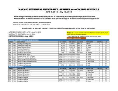 NAVAJO TECHNICAL UNIVERSITY - SUMMER 2016 COURSE SCHEDULE JUNE 6, July 15, 2016 All returning/continuing students must have paid off all outstanding accounts prior to registration of courses. All students on Acade