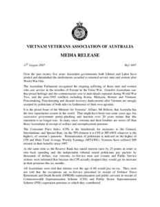 VIETNAM VETERANS ASSOCIATION OF AUSTRALIA  MEDIA RELEASE 13th August[removed]Ref: 8/07