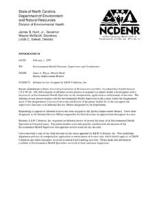 State of North Carolina Department of Environment and Natural Resources Division of Environmental Health James B. Hunt, Jr., Governor Wayne McDevitt, Secretary