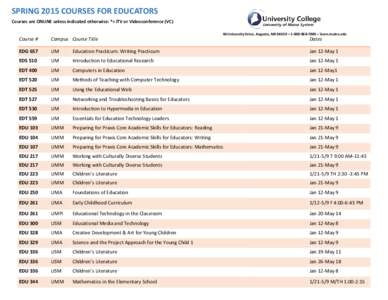 SPRING 2015 COURSES FOR EDUCATORS Courses are ONLINE unless indicated otherwise: *= ITV or Videoconference (VC) 46 University Drive, Augusta, ME 04330 – [removed] – learn.maine.edu Course #