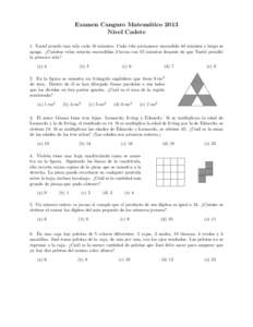 Examen Canguro Matem´ atico 2013 Nivel Cadete 1. Yaziel prende una vela cada 10 minutos. Cada vela permanece encendida 40 minutos y luego se apaga. ¿Cu´ antas velas estar´