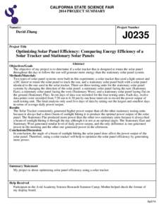 CALIFORNIA STATE SCIENCE FAIR 2014 PROJECT SUMMARY Name(s)  David Zhang